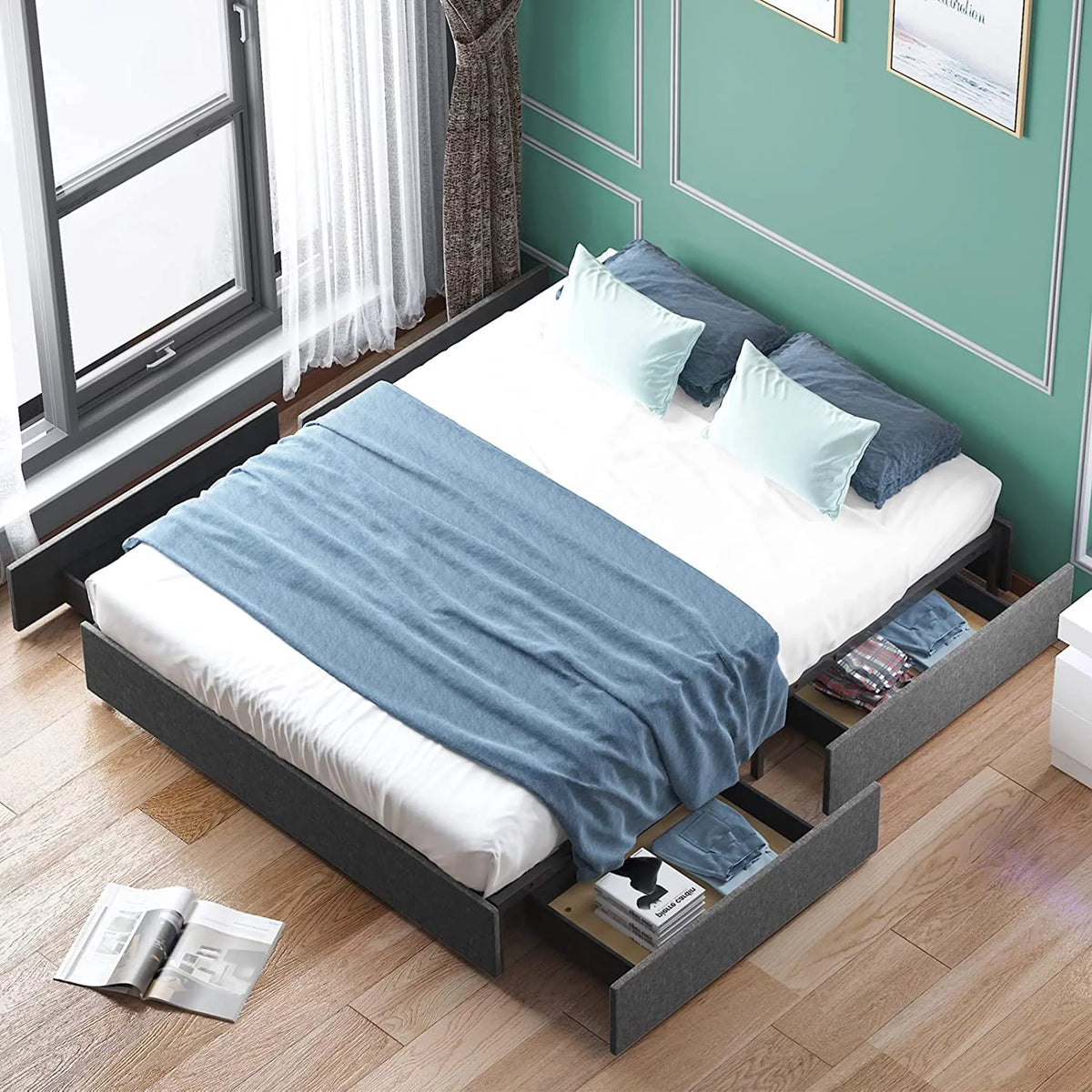 Cal King Size Platform Bed Frame with 4 Storage Drawers Cotton Linen Fabric Dark Grey Z55477
