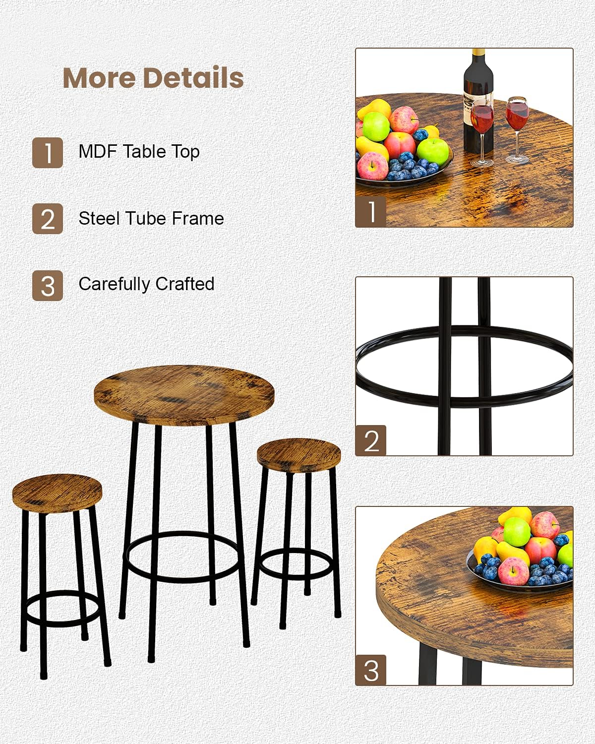 Rustic Brown 3 Piece Round Bar Table and Stools K796