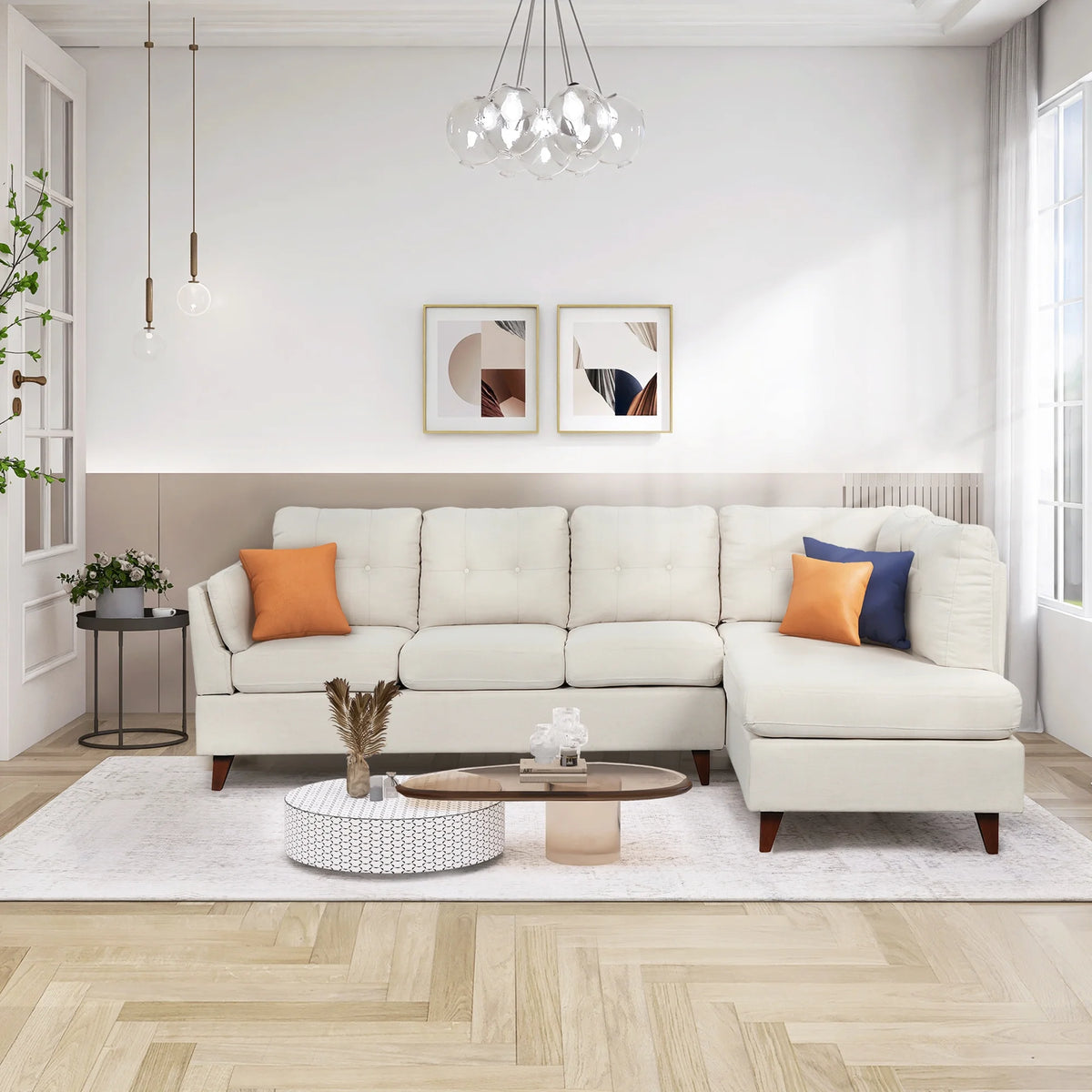 Beige Linen Fabric L-Shape Sectional Sofa with Chaise Lounge Z879855