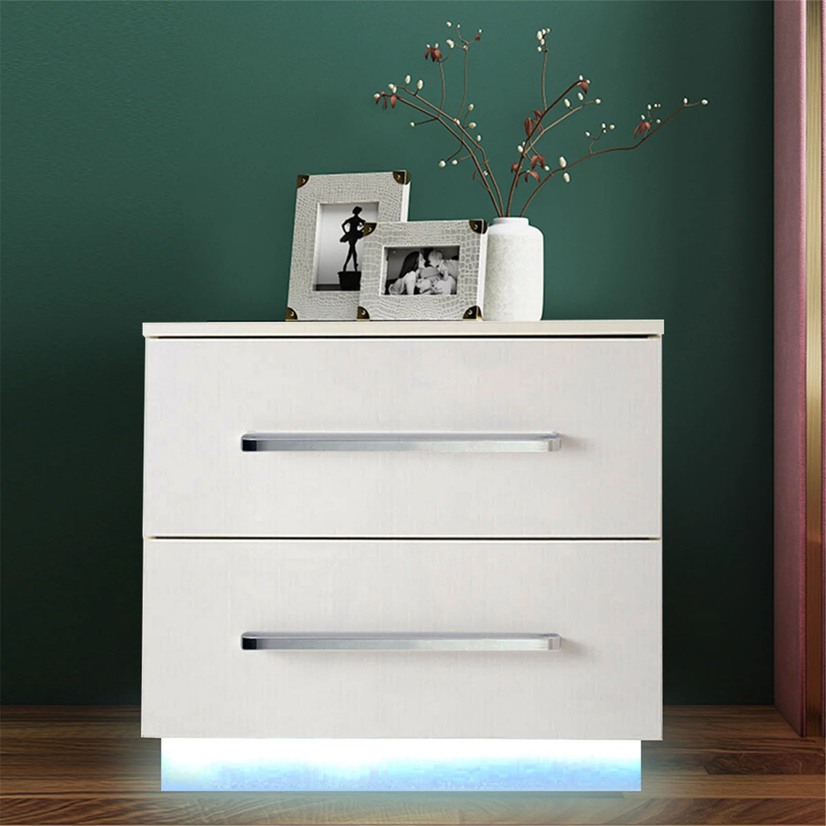 White High Gloss Nightstand with LED Light 2 Drawers P521