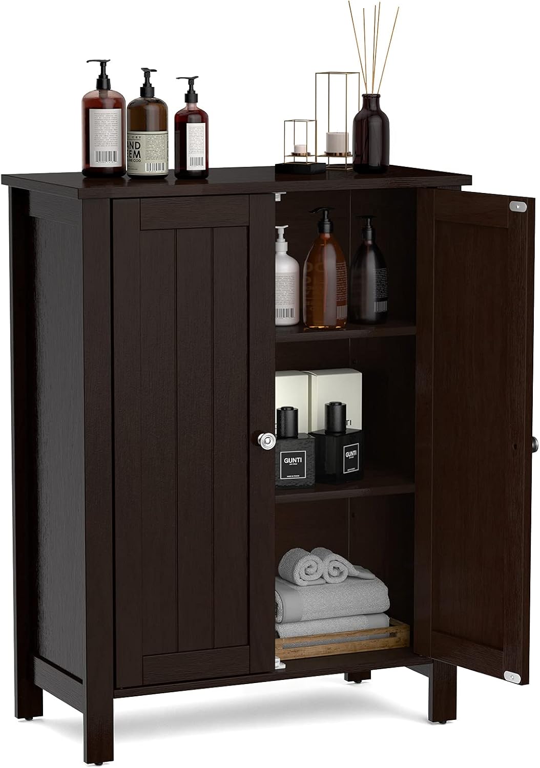White Wooden Bathroom Floor Cabinet with 3-Tier Adjustable Shelf and Double Doors O242817