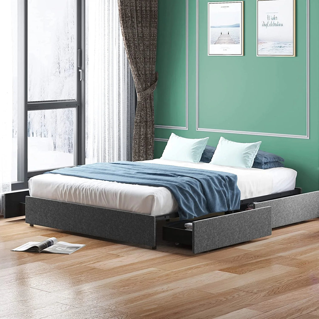 Cal King Size Platform Bed Frame with 4 Storage Drawers Cotton Linen Fabric Dark Grey Z55477