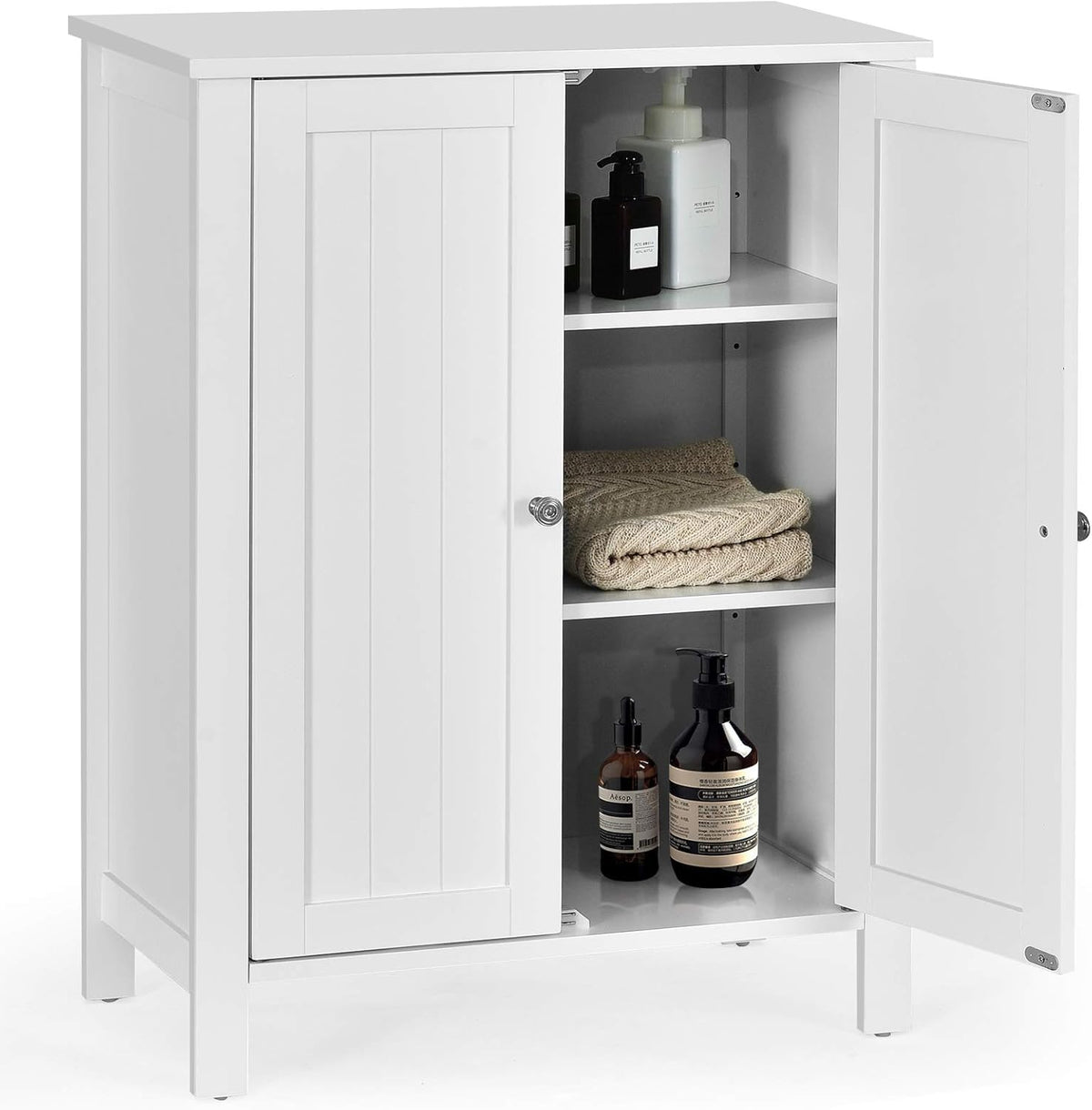 White Wooden Bathroom Floor Cabinet with 3-Tier Adjustable Shelf and Double Doors O242817